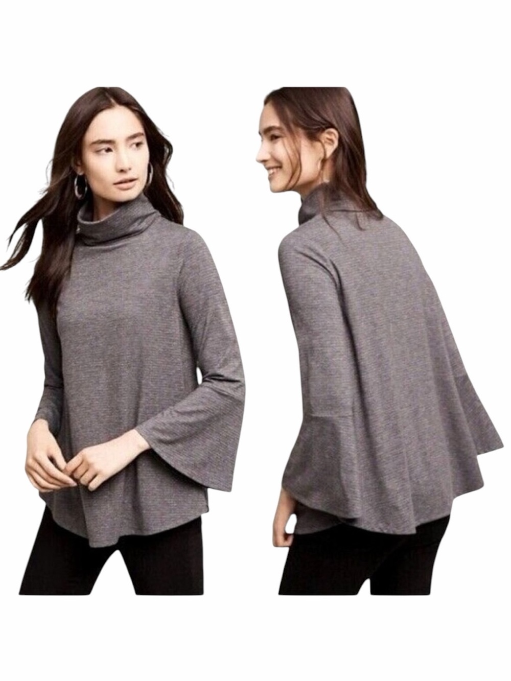 Anthropologie Postmark Gray Metallic Turtleneck Bell Sleeve Liz Top Size M